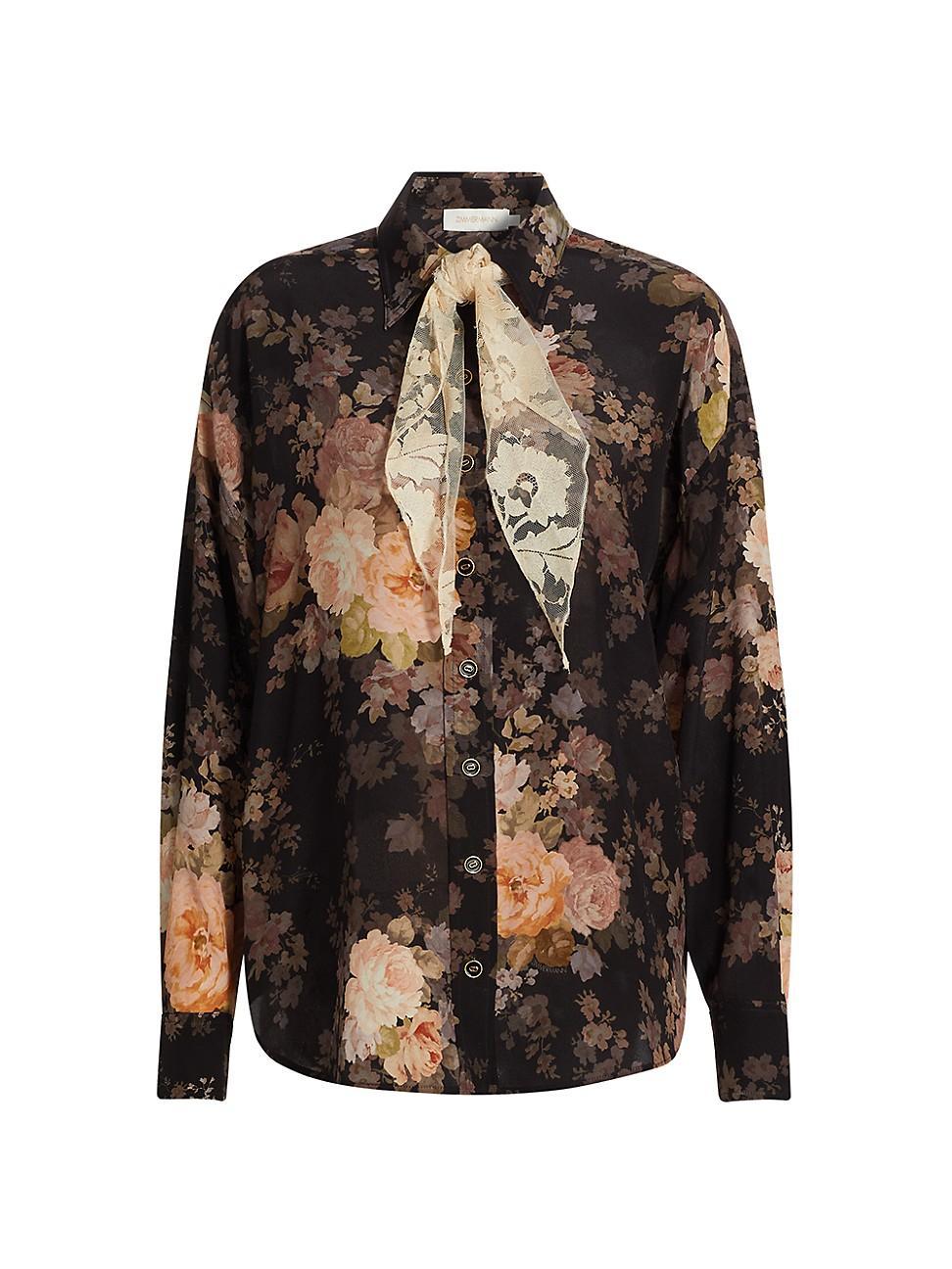 Womens Floral Silk Tieneck Shirt product image