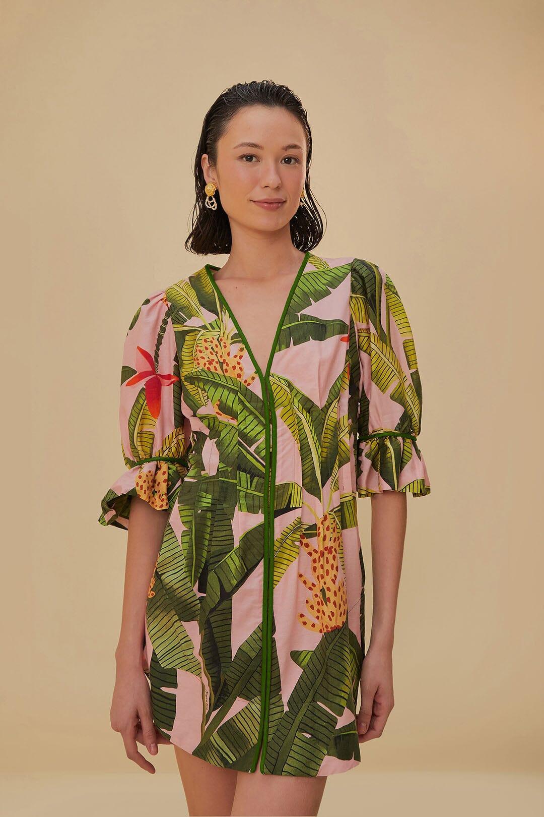 Pink Banana Leaves V Neck Mini Dress, BANANA LEAVES PINK / M Product Image