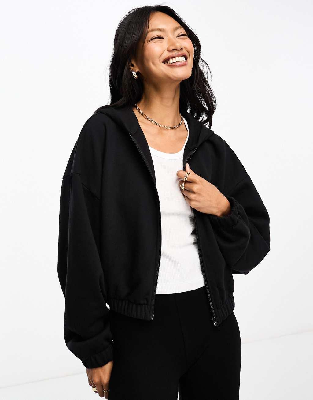 ASOS DESIGN oversized zip through crop hoodie in black Product Image