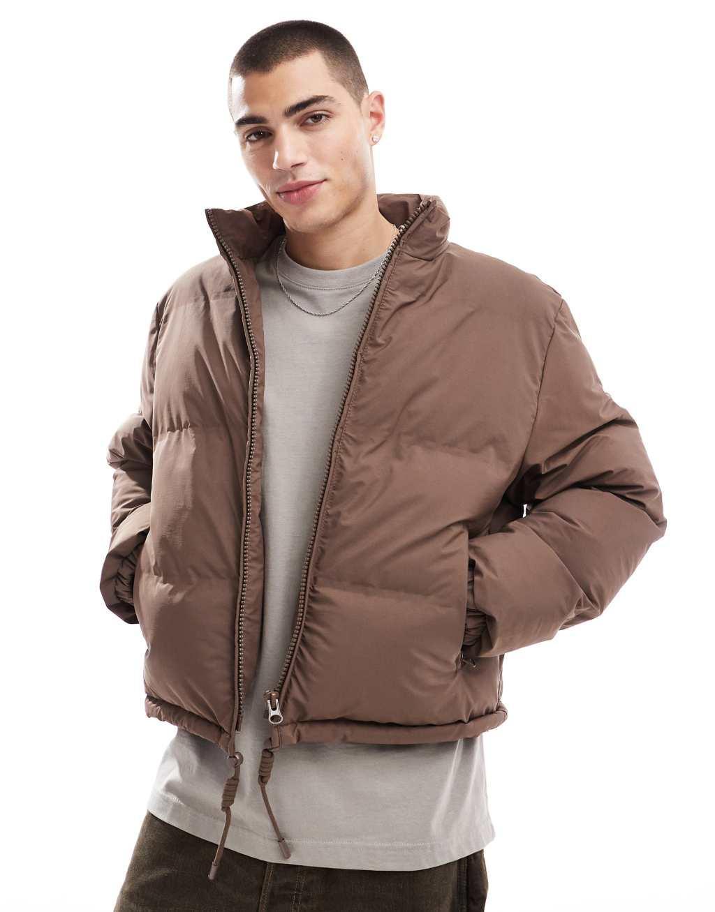 ASOS DESIGN cropped puffer jacket in brown Product Image