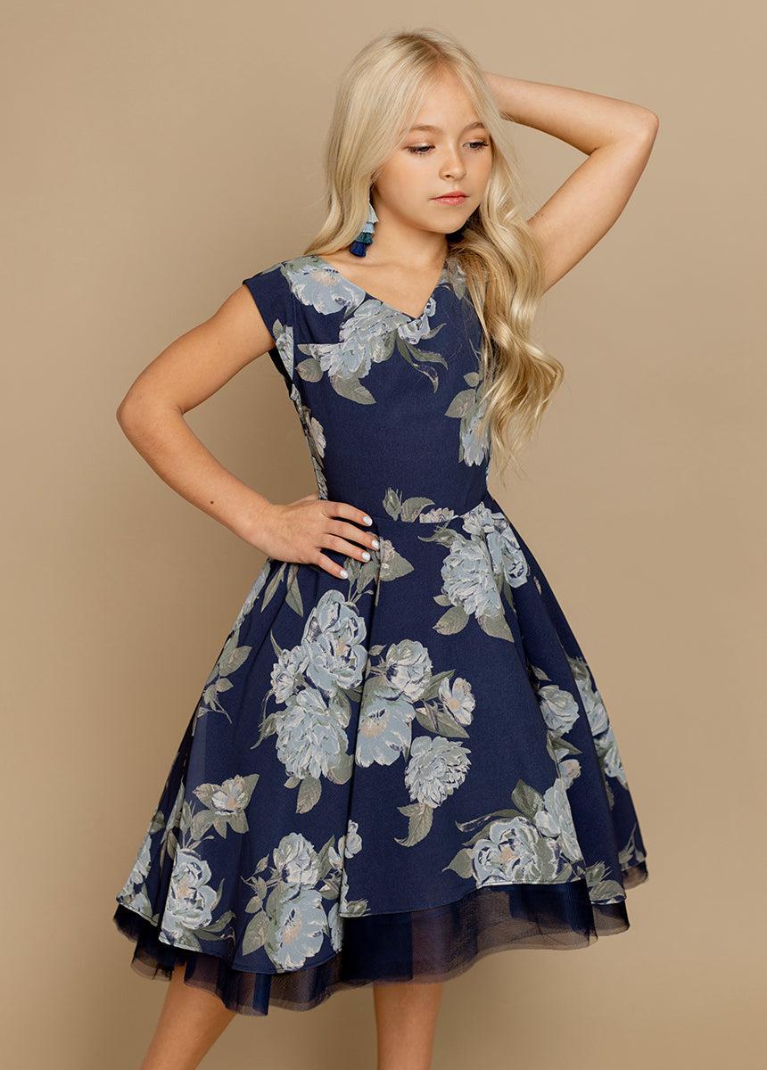 Lezah Petticoat Dress in Large Navy Floral Product Image