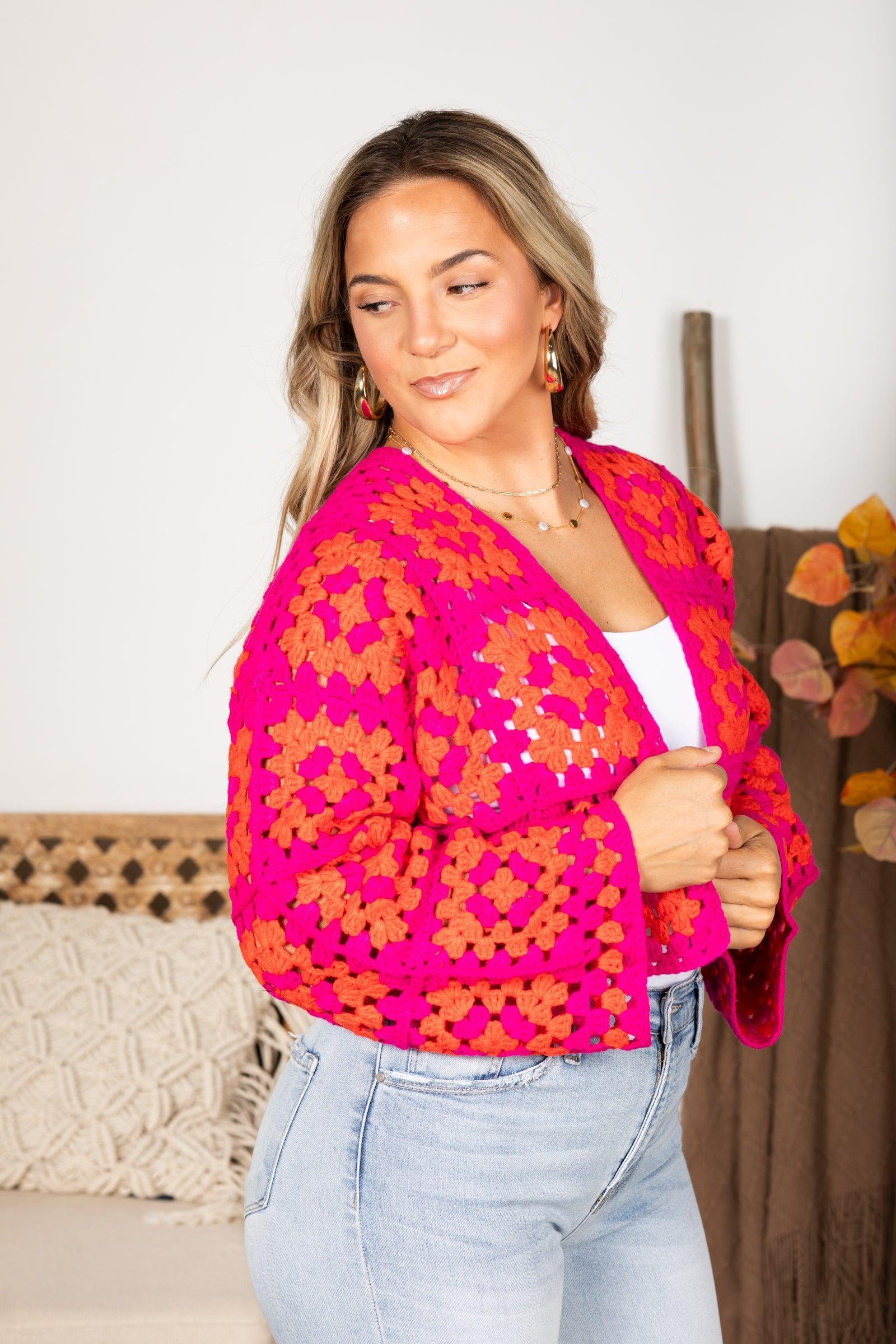 Fuchsia And Orange Crochet Cardigan Product Image