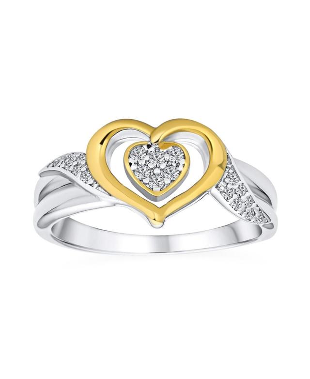 Romantic Delicate Two Tone Cz Accent Cubic Zirconia Twisting Intertwined Bands Promise Heart Ring For Women Gold Plated .925 Sterling Silver - Silver Product Image