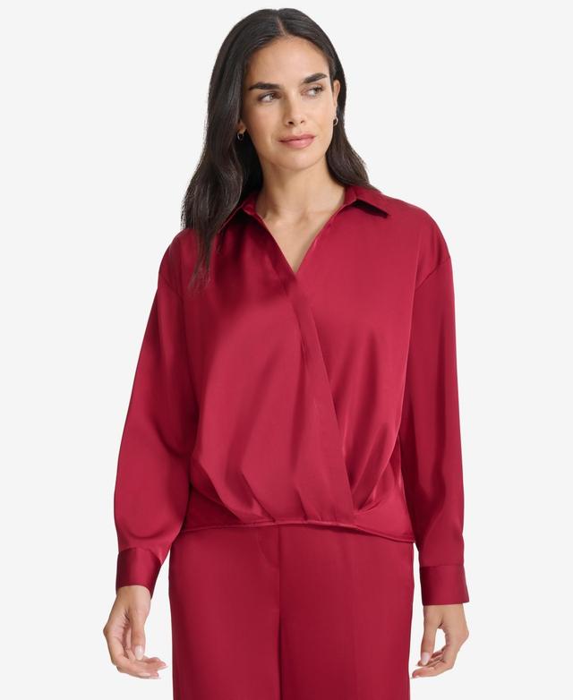 Calvin Klein Womens Faux-Wrap Collared Shirt Product Image