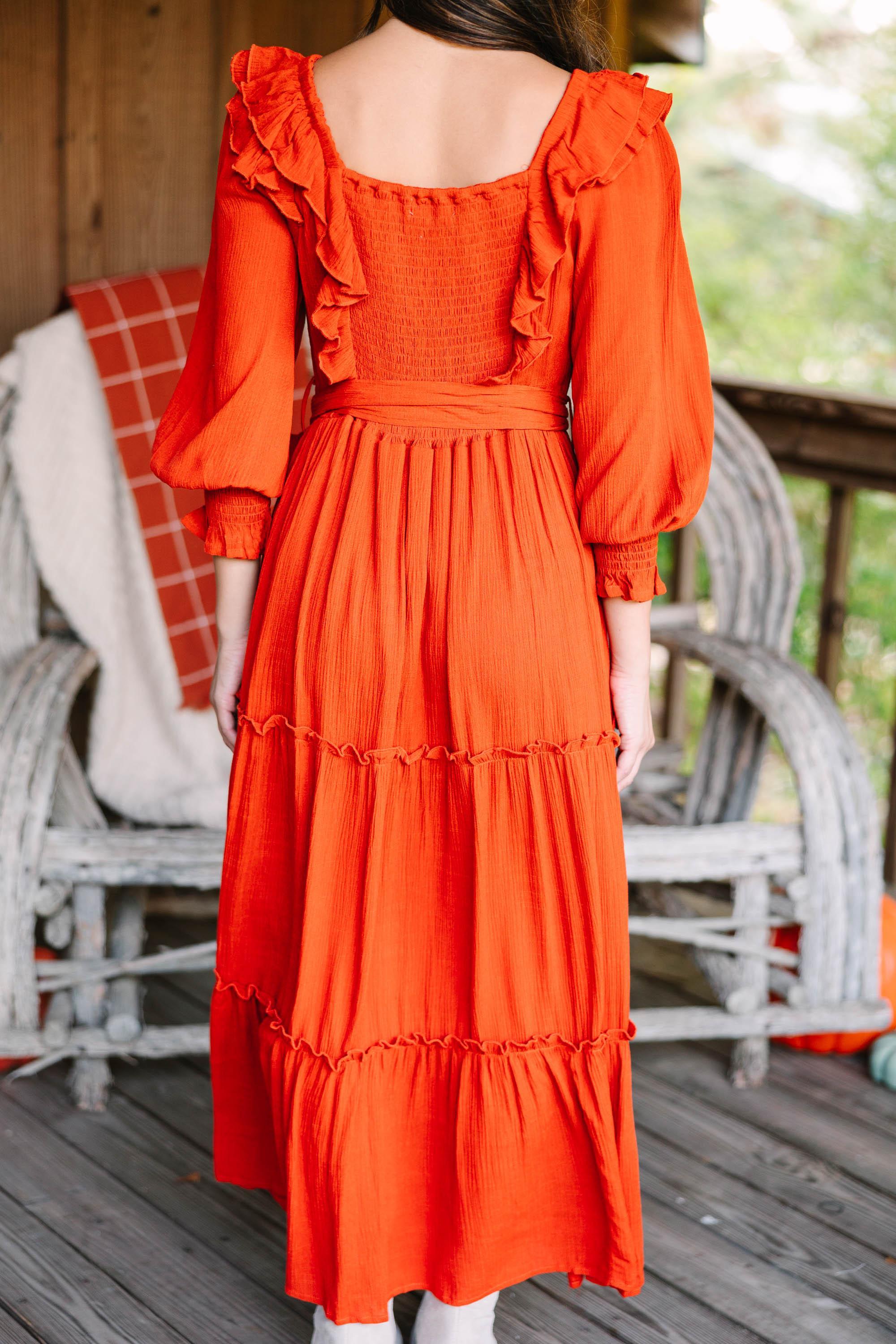 Feel Your Love Rust Orange Ruffled Midi Dress Female Product Image