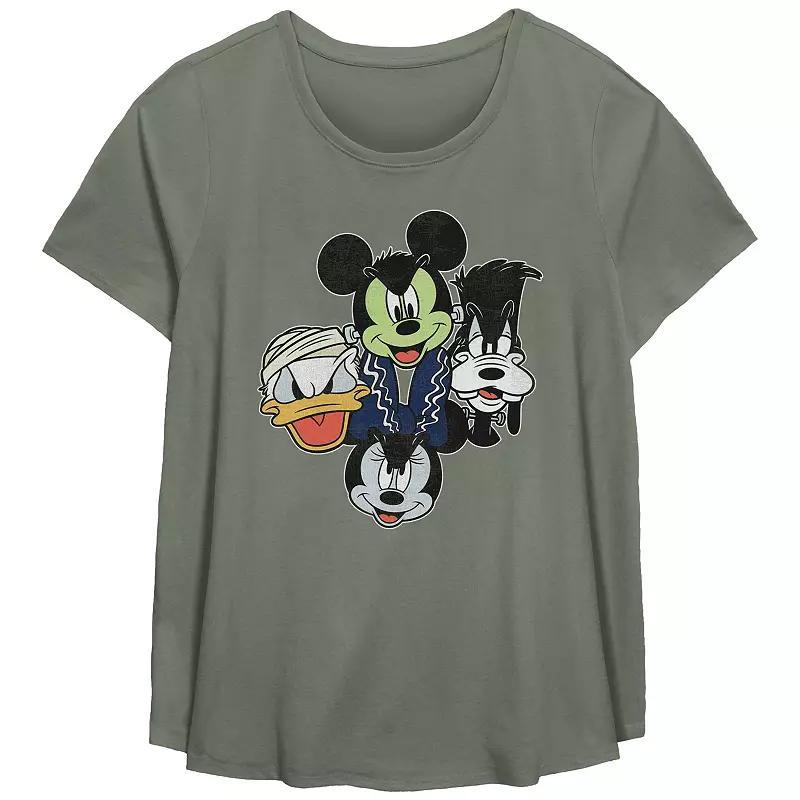 Disneys Mickey and Friends Juniors Plus Size Halloween Heads Scoop Hem Flowy Graphic Tee, Womens Green Product Image