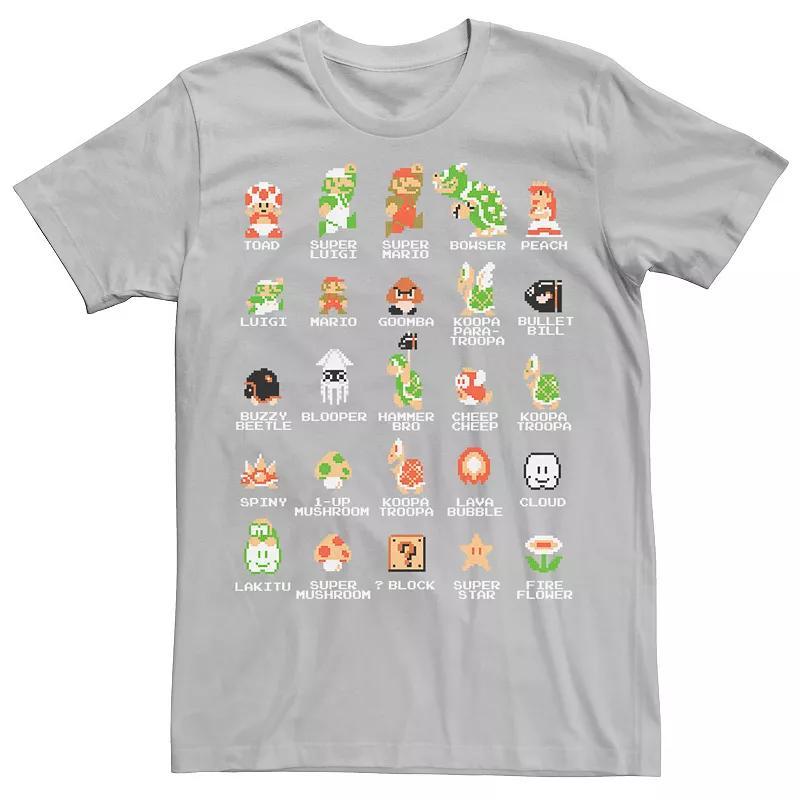 Mens Nintendo Super Mario 8-bit Pixel Icons List Vintage Graphic Tee Green Product Image