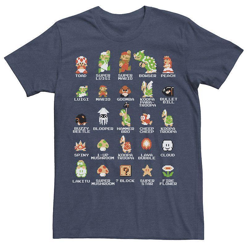 Mens Nintendo Super Mario 8-bit Pixel Icons List Vintage Tee Navy Grey Product Image