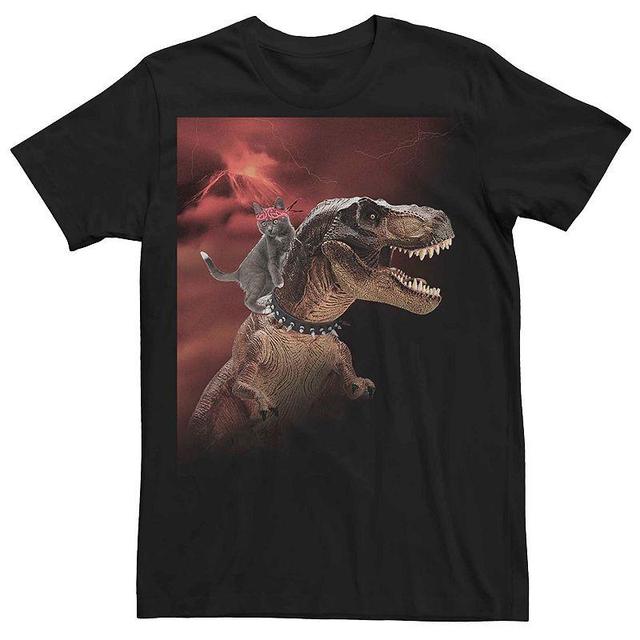 Mens Cat Riding T-Rex Volcano Graphic Tee Product Image