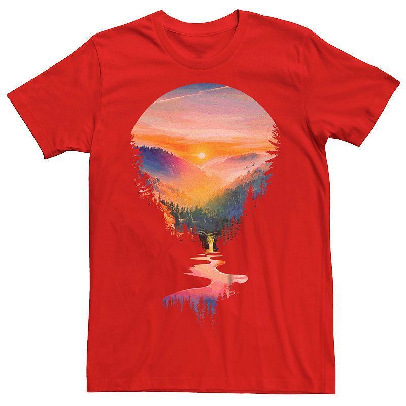 Mens Summer Sunrise River Forest Graphic Tee Red Product Image