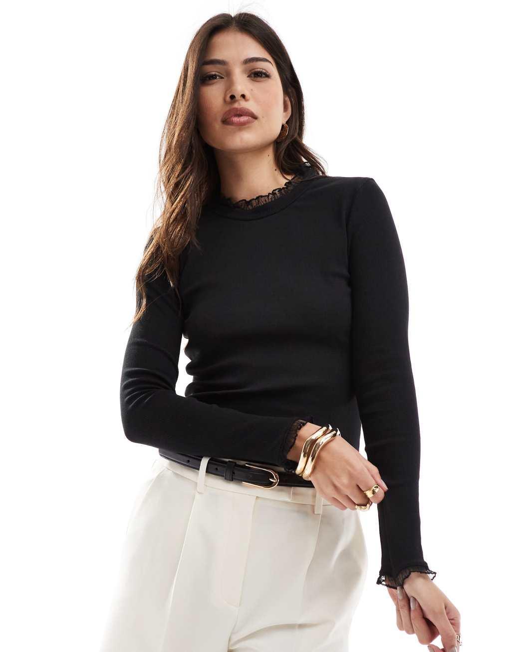 ONLY long sleeve ribbed lace trim top in black Product Image