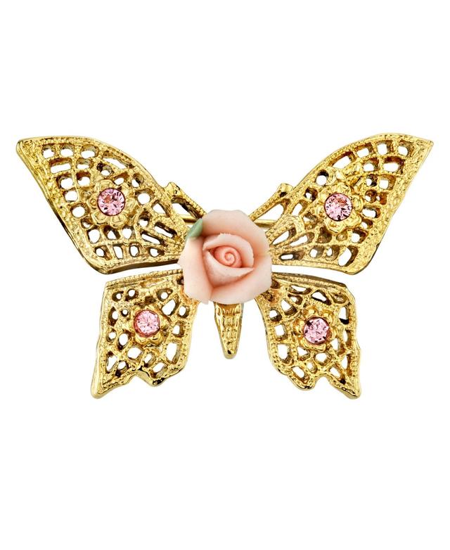 1928 Porcelain Rose Butterfly Pin, Womens, Pink Product Image