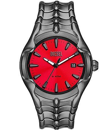 Diesel Mens Vert Three-Hand Date Red Dial Gunmetal Tone Stainless Steel Bracelet Watch Product Image