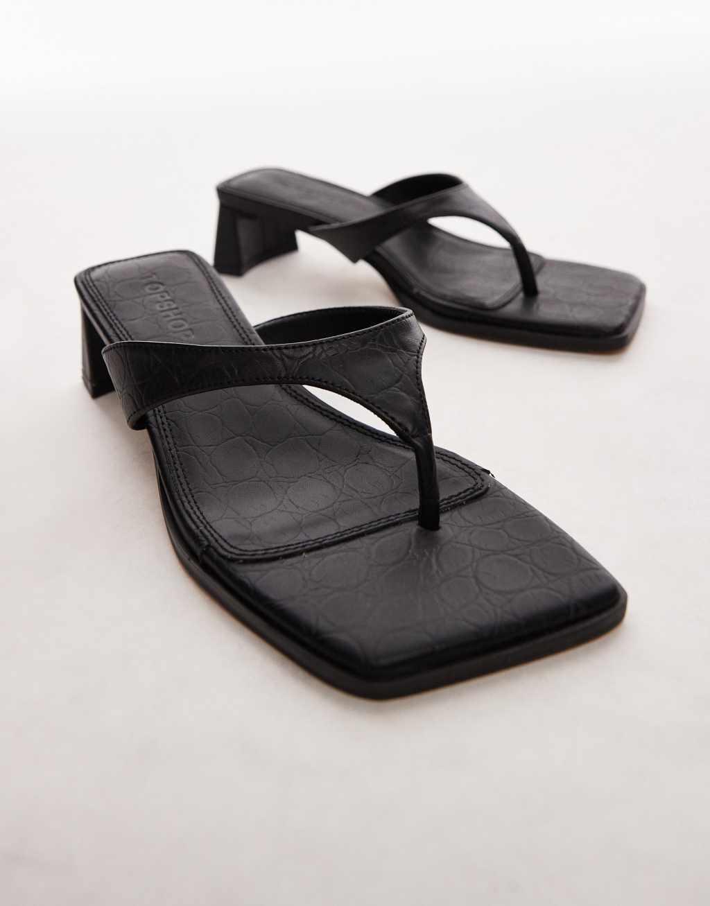 Topshop Indy toe post mid heeled sandals in black croc Product Image