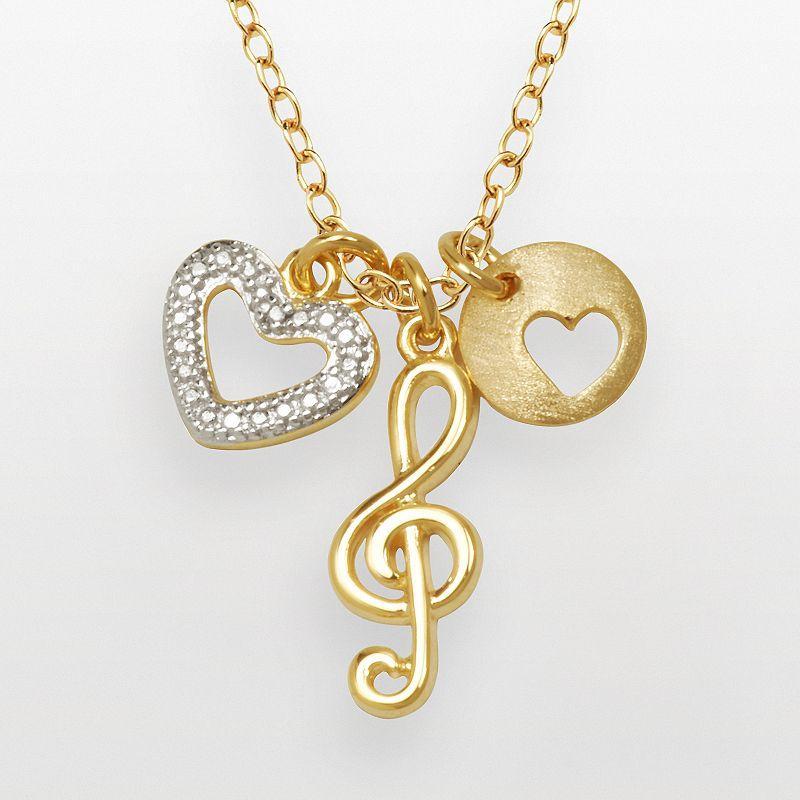 18k Gold Over Silver-Plated and Silver-Plated Diamond Accent Treble Clef and Heart Charm Necklace, Womens, Multicolor Product Image