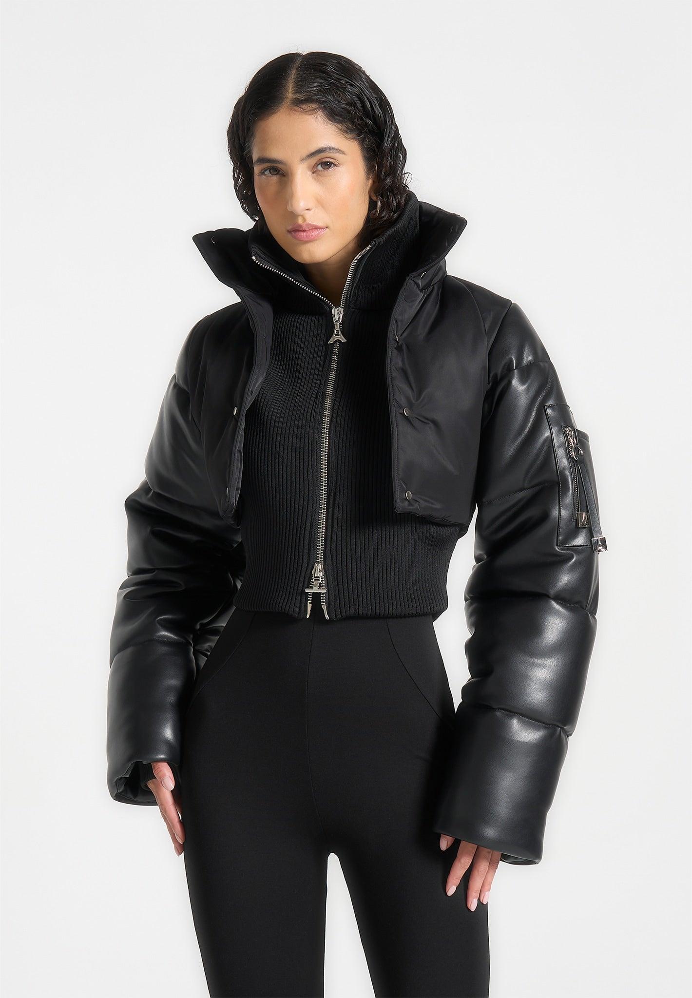 Leather and Nylon Layered Puffer Jacket - Black Female Product Image