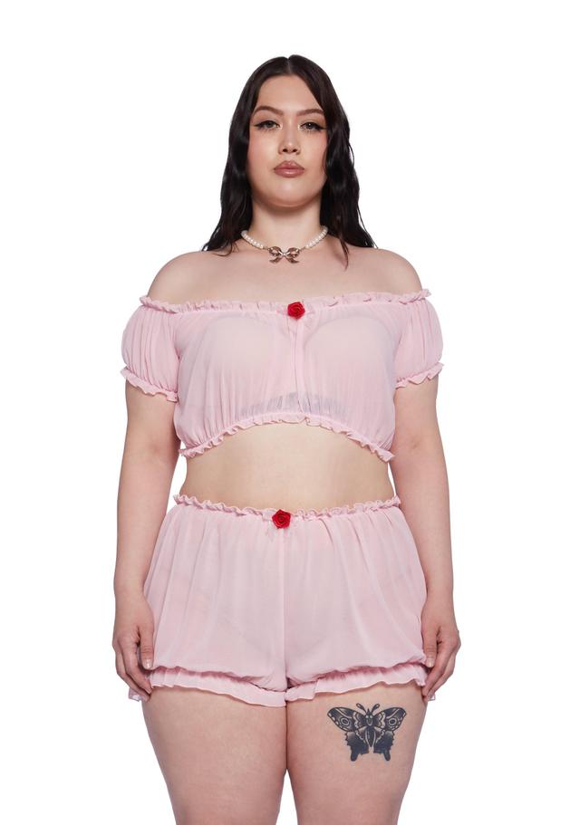 Plus Size Sugar Thrillz Italian Summer Ruffled Off-The-Shoulder Short Set - Pink Product Image