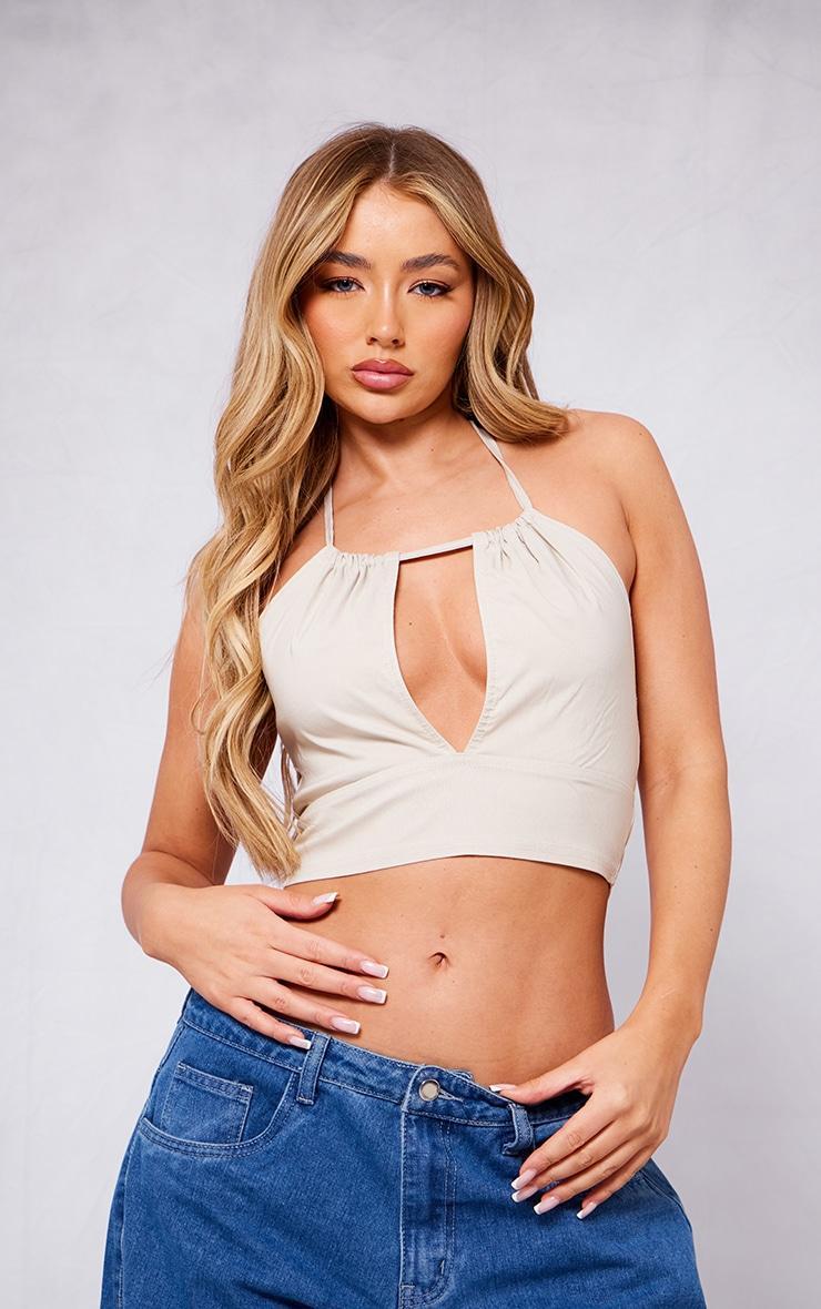 Stone Stretch Woven Halter Cut Out Crop Top Product Image