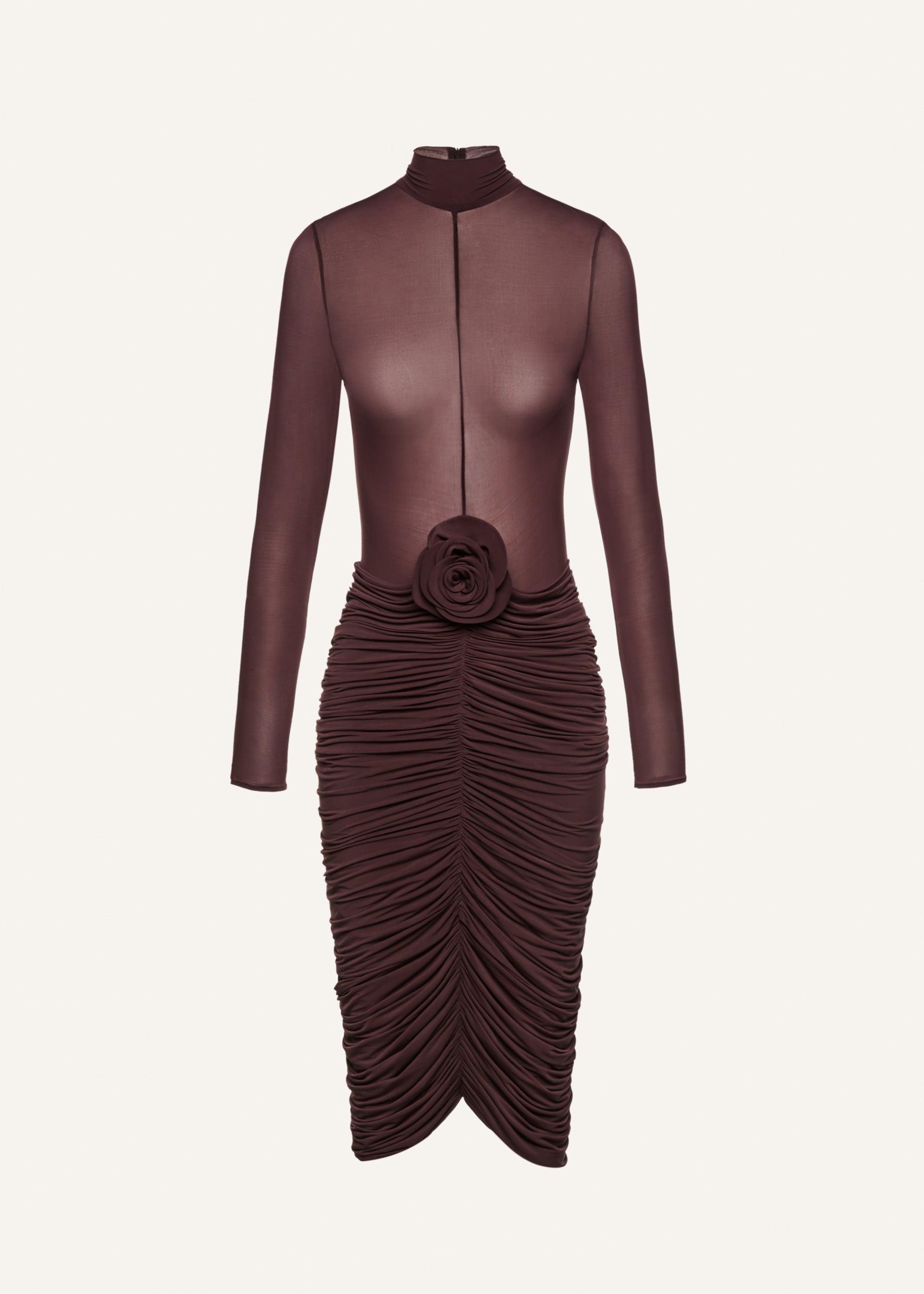 Sheer high neck midi dress in burgundy Product Image