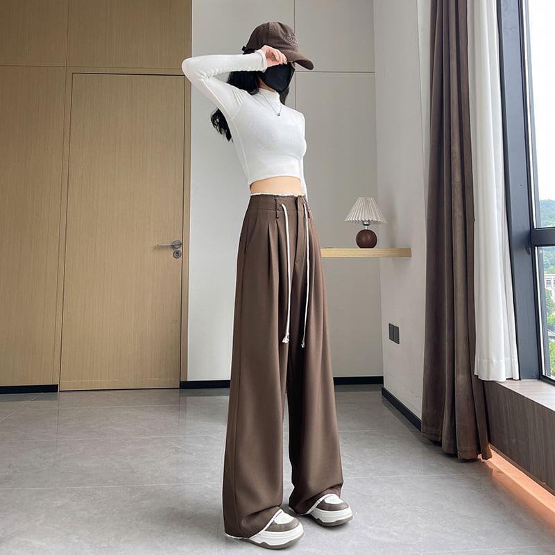 Drawstring Waist Plain Wide Leg Pants Product Image