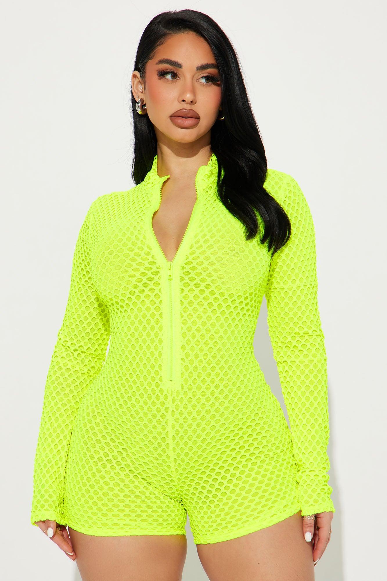 Moving Forward Fishnet Romper - Neon Yellow Product Image