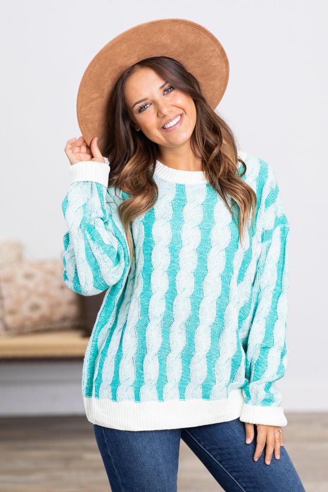 Turquoise and Ivory Cable Knit Sweater Product Image