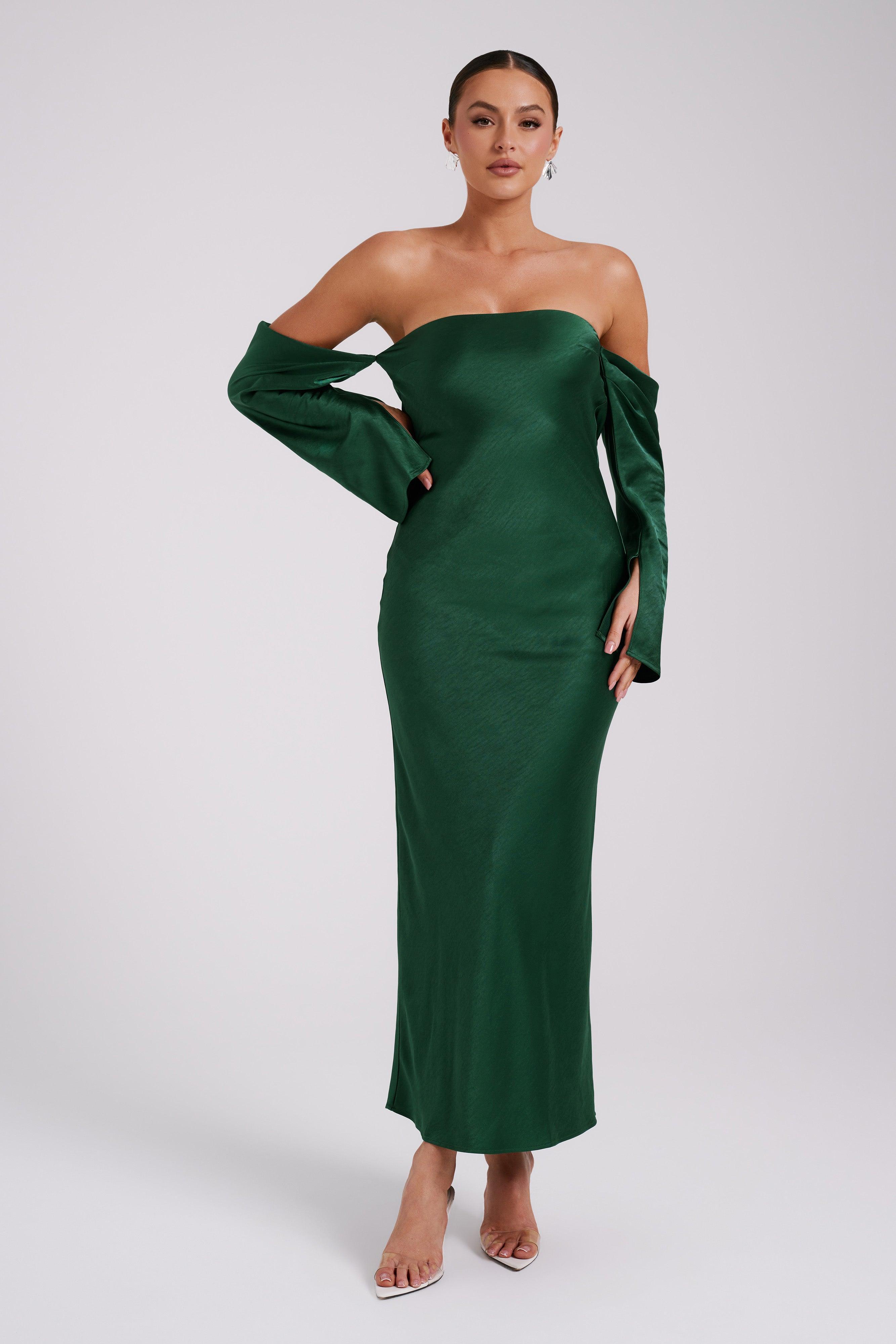 Vee Off Shoulder Satin Midi Dress - Emerald Product Image