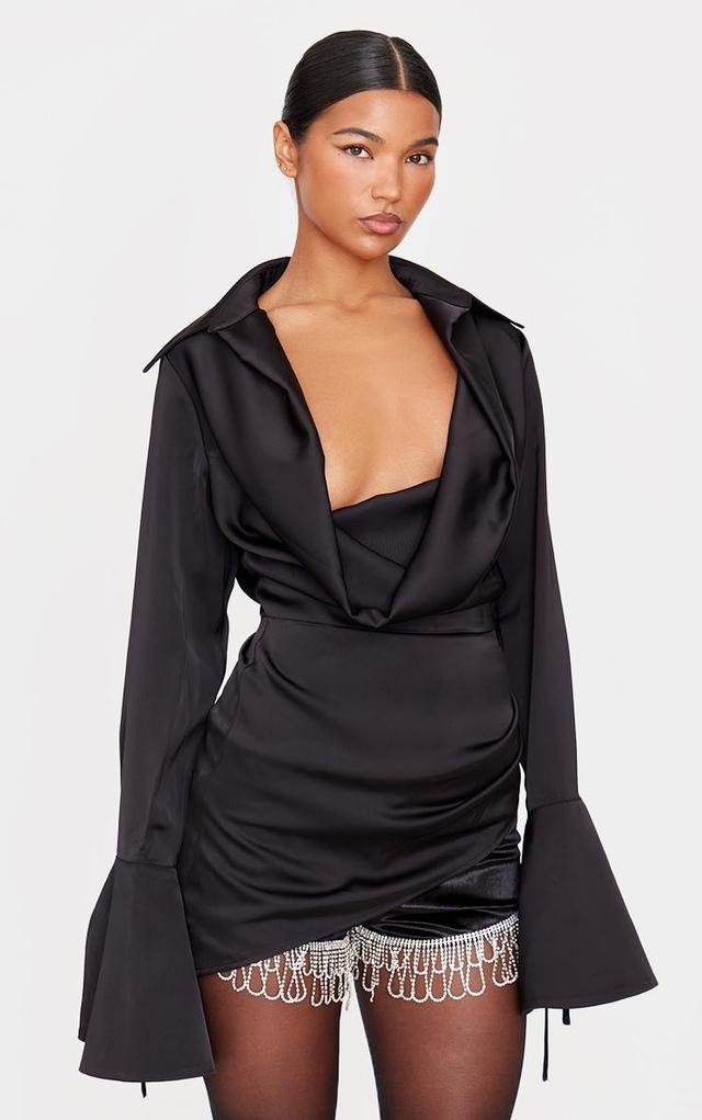 Black Satin Cowl Neck Asymmetric Shirt Product Image