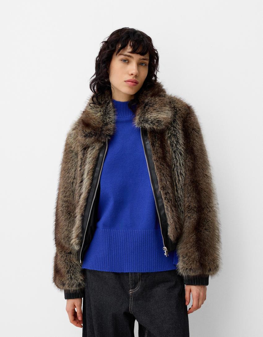 Faux fur jacket with contrast leather effect detail Product Image