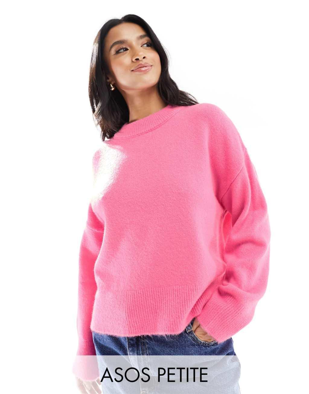 ASOS DESIGN Petite boxy crew neck sweater in pink Product Image