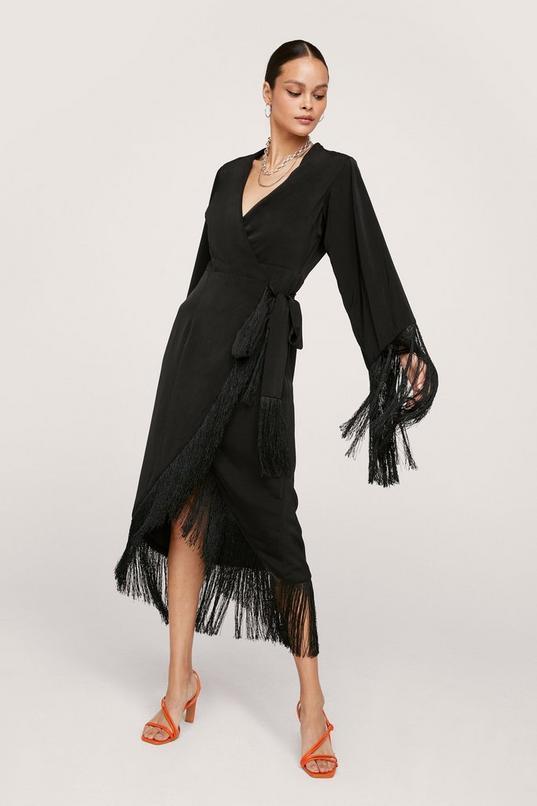 Wrap Fringe Detail Midi Dress Product Image