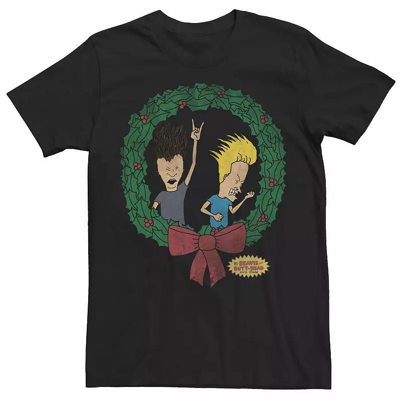 Mens Beavis and Butthead Rock On Christmas Wreath Tee Red Product Image