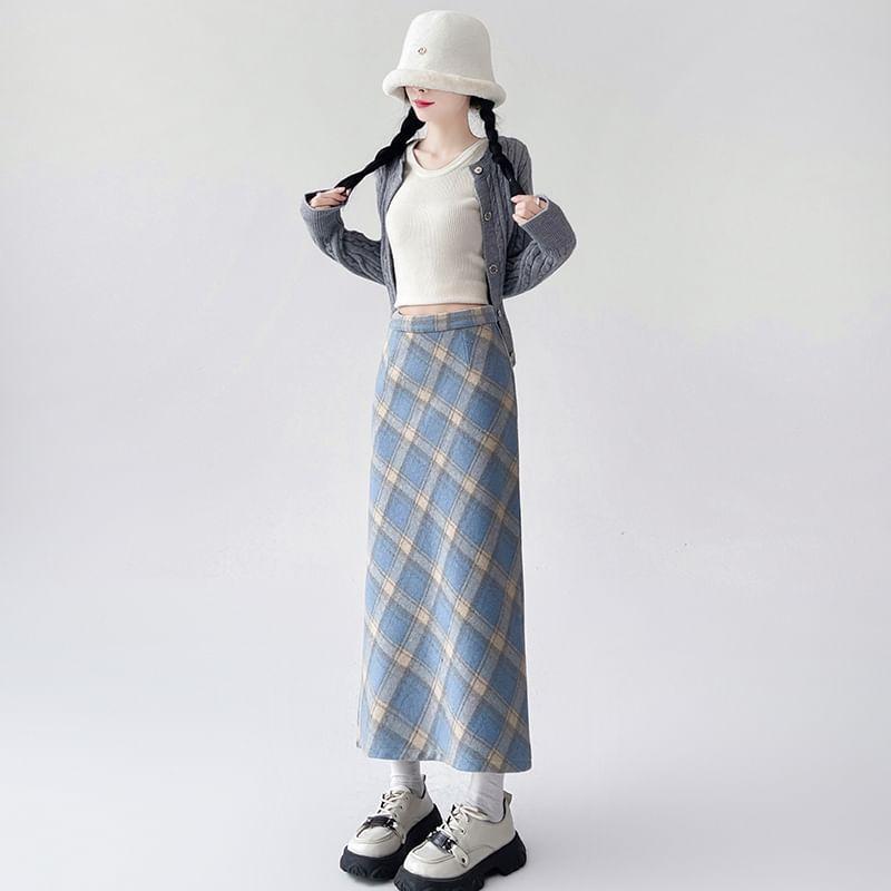 High Waist Plaid Maxi Straight Skirt product image