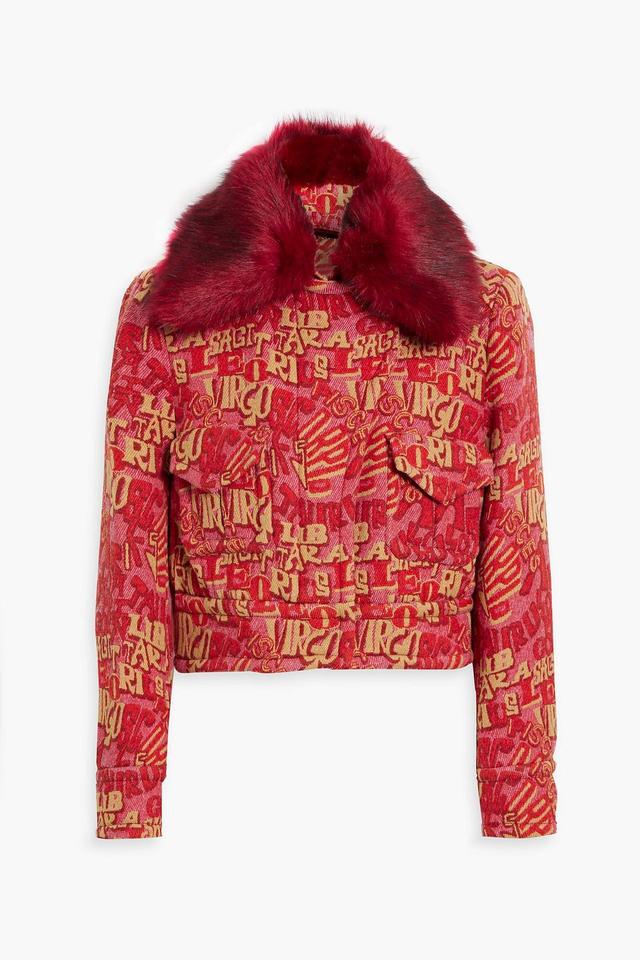 Faux Fur-trimmed Jacquard Jacket In Claret Product Image