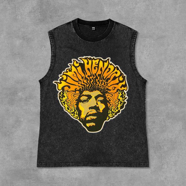 Vintage Hendrix Fashion Guitarist Graphic Print Acid Washed Sleeveless Tank Top Product Image