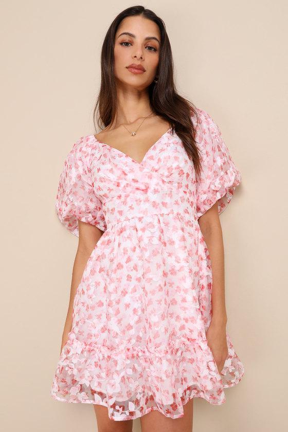 Airy Beauty Pink Floral Burnout Puff Sleeve Tiered Mini Dress Product Image