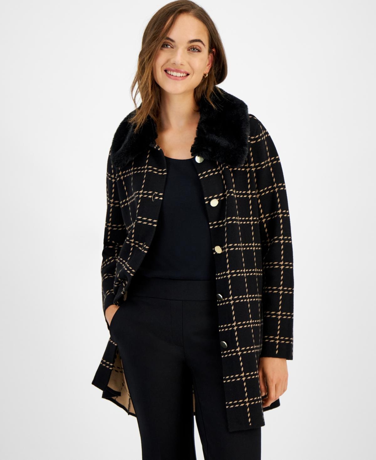 Kasper Womens Faux-Fur-Collar Knit Coat - Black Product Image