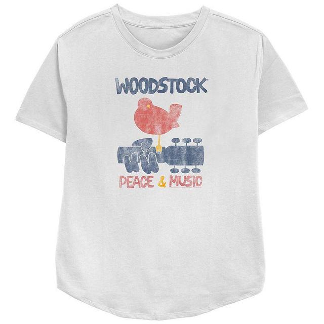 Womens Woodstock Peace and Music Poster Distressed Relaxed Fit Graphic Tee, Girls White Product Image