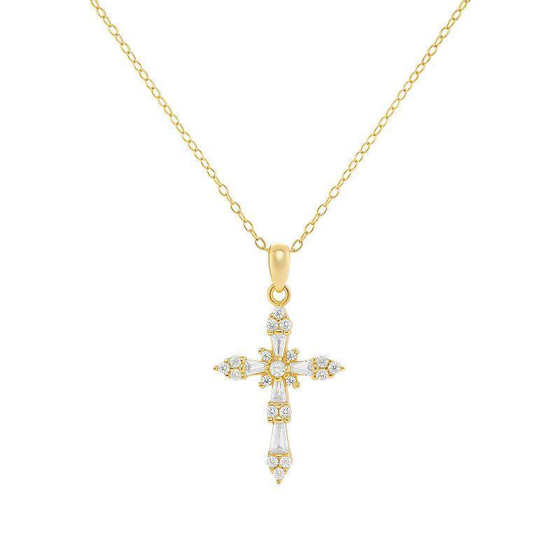 PRIMROSE Sterling Silver Cubic Zirconia Baguette Cross Pendant Necklace, Womens Gold Tone Product Image