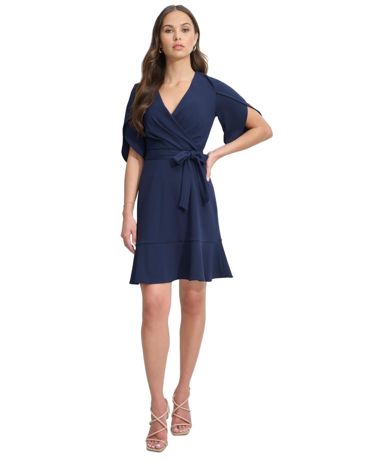 Women's Surplice-Neck Tulip-Sleeve Belted Dress Product Image