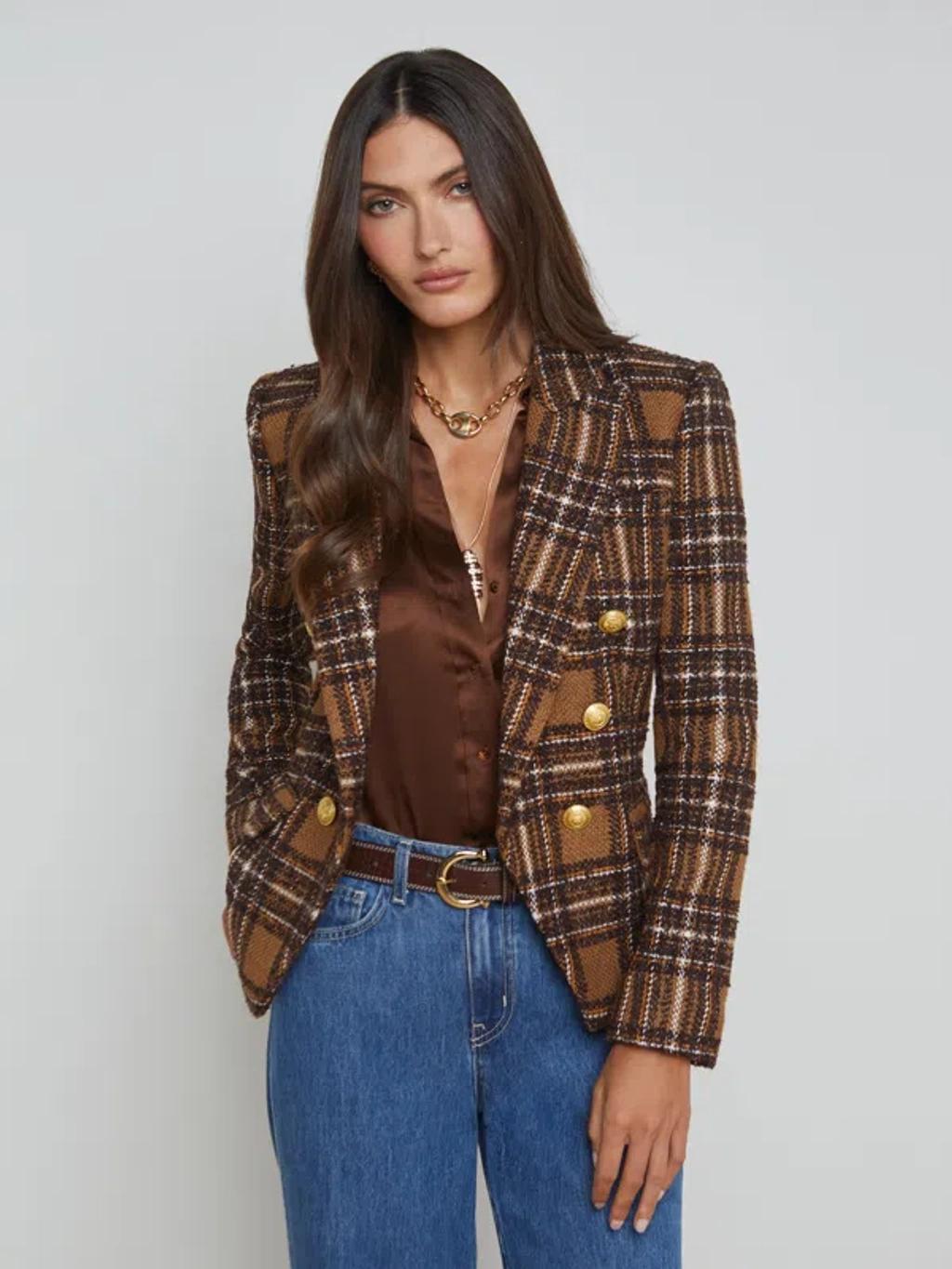 Kenzie Tweed Blazer In Brown/yellow Plaid Product Image