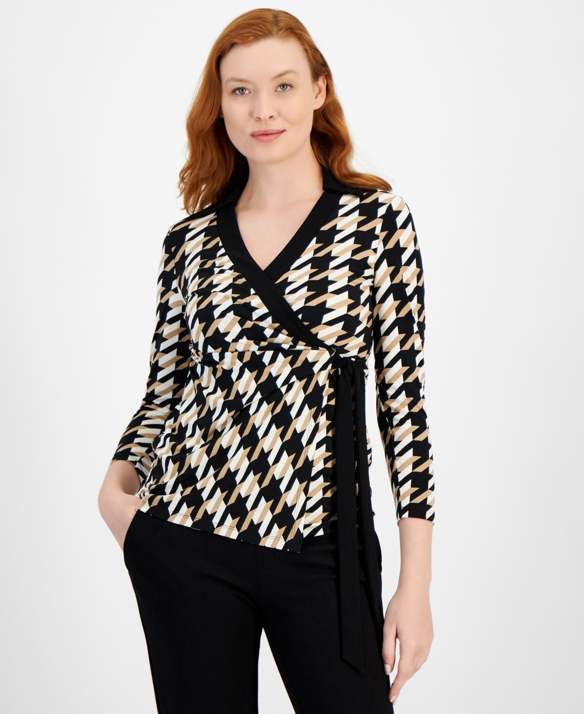 Anne Klein Womens 3/4-Sleeve Houndstooth Faux-Wrap Top Product Image