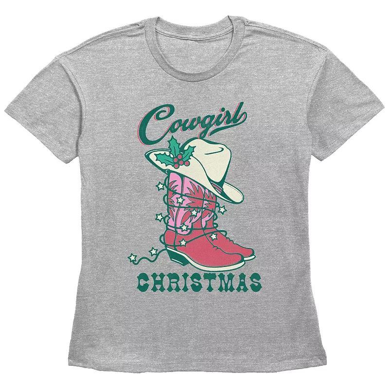 Womens Cowgirl Christmas Hat And Boots Graphic Tee Grey Gray Product Image