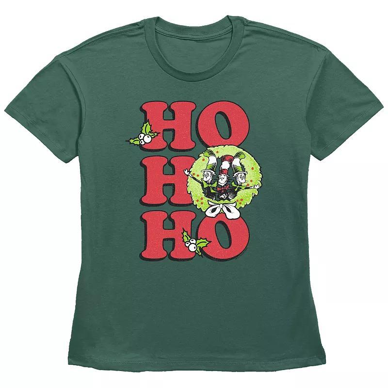 Womens Dr. Seuss The Cat In The Hat Christmas Wreath Ho Ho Ho Graphic Tee Green Product Image