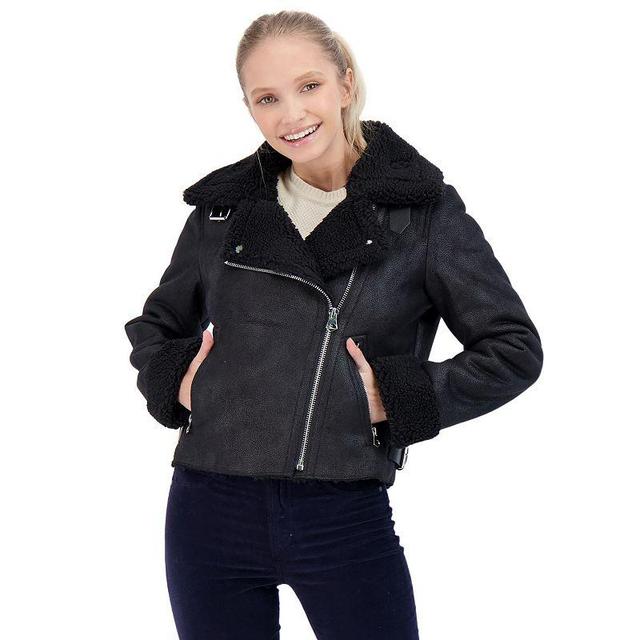 Juniors Sebby Shearling Moto Jacket, Womens Black Product Image