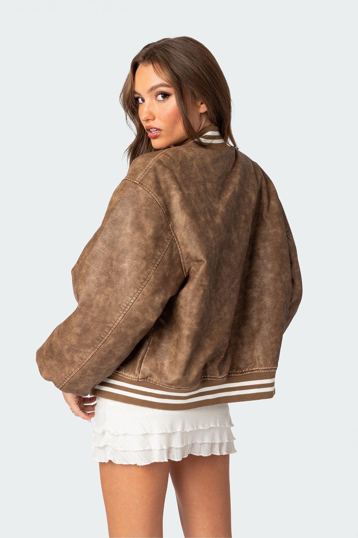 Washed Faux Leather Bomber Jacket Product Image