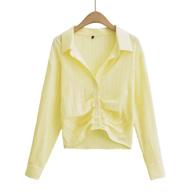 Long-Sleeve Plain Ruched Shirt Product Image