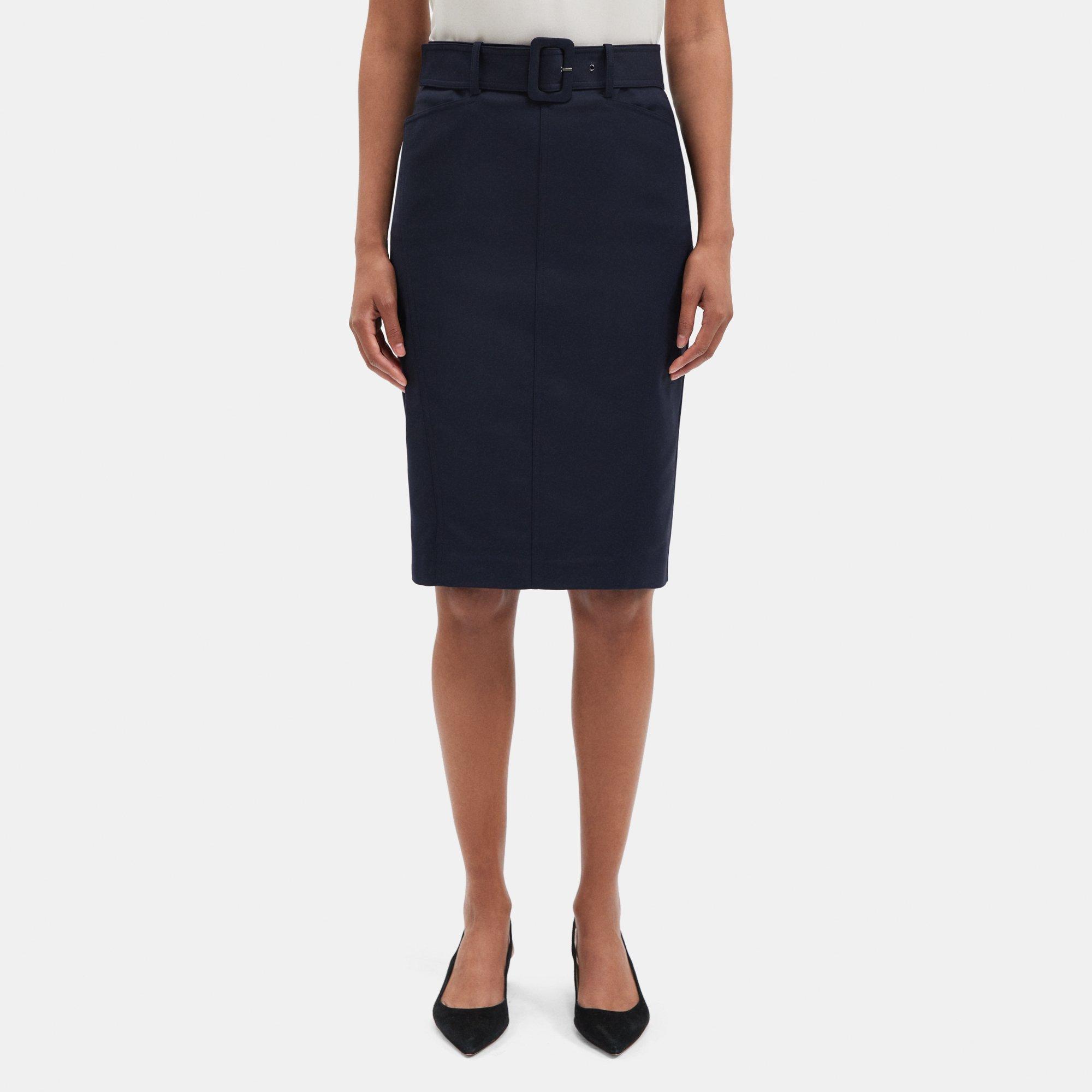 Stretch Cotton Blend Belted Midi Skirt | Theory Outlet product image