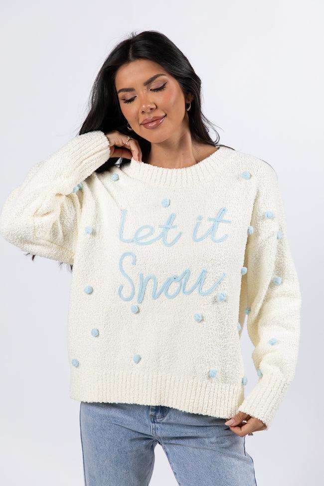 Let It Snow Ivory And Blue Fuzzy Pom Sweater FINAL SALE Product Image