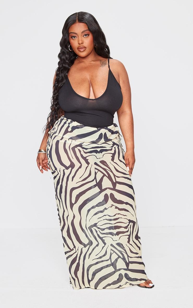 Plus Black Zebra Print Satin Tie Side Maxi Skirt Product Image